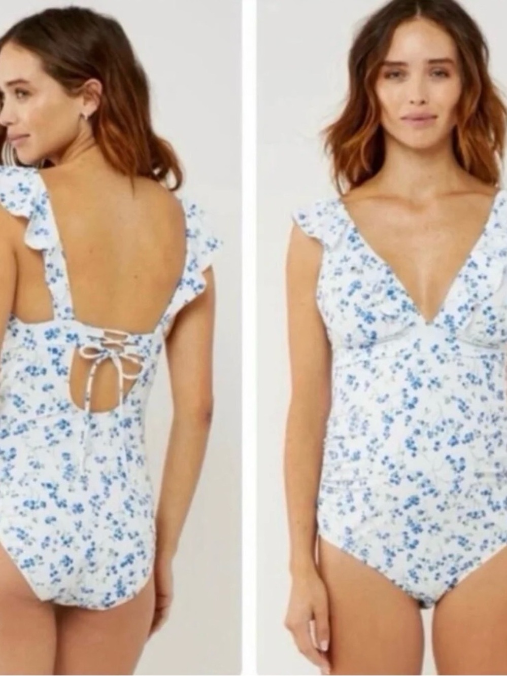 A Pea in the Pod Blue Floral Ruffle Maternity Swimsuit S NWT
